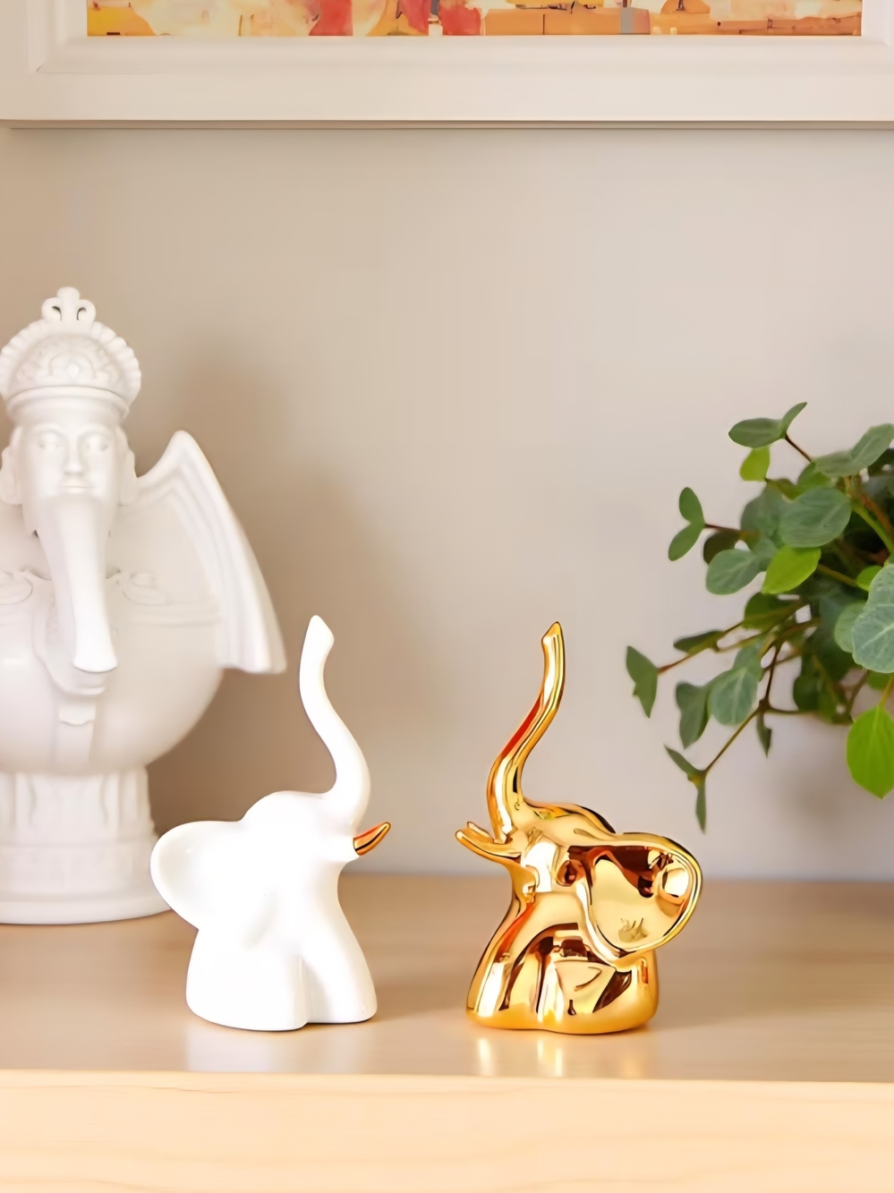 2-Gold and White Ceramic Elephant Figurines - Decorative Set